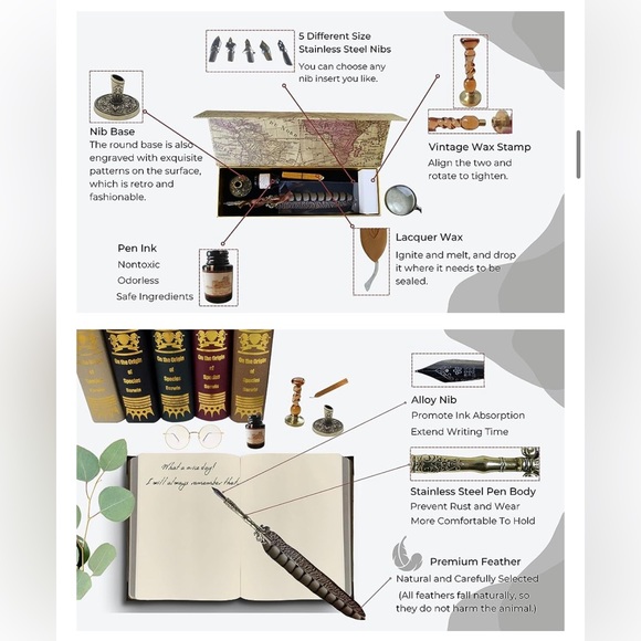 NWT Feather Quill + Ink Set includes various tips for different style writing - Picture 11 of 13